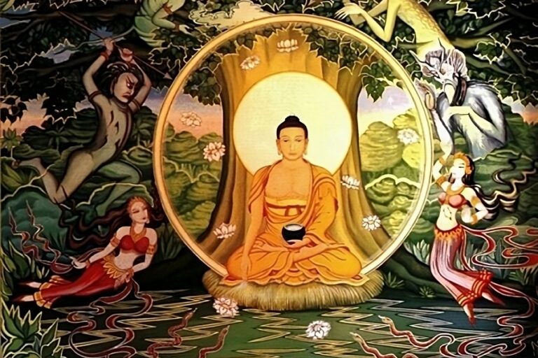 Representación de Buda sentado bajo un árbol, rodeado de figuras y elementos naturales.