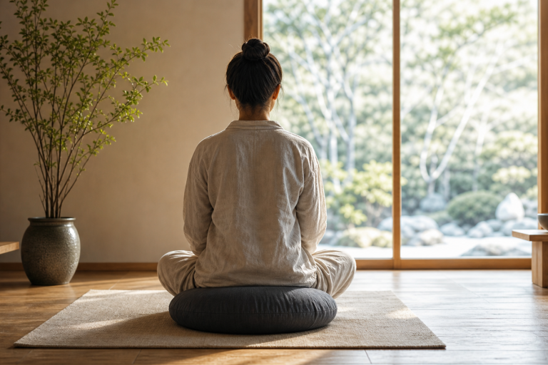 Persona sentada de espaldas sobre un cojín de meditación en una sala luminosa.