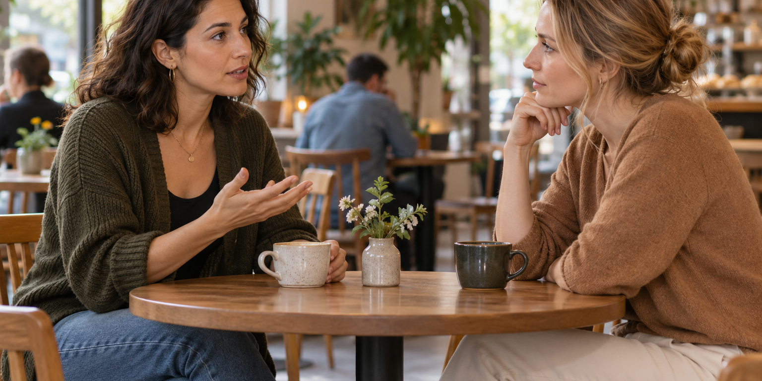 Dos mujeres conversan con atención y gestos tranquilos en una mesa.