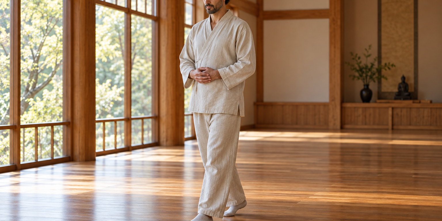 Kinhin: cómo acercarse a la meditación caminando zen Hombre caminando despacio con las manos juntas en una sala de meditación.